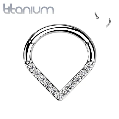 Implant Grade Titanium V Shaped Septum Ring Clicker Hoop White CZ Gems