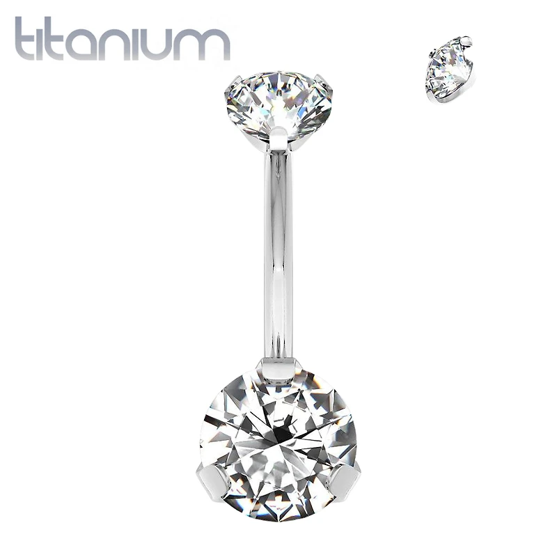 Implant Grade Titanium Internally Threaded CZ Prong Belly Button Navel Ring