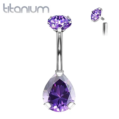 Implant Grade Titanium Internally Threaded Pear Teardrop Purple CZ Belly Ring
