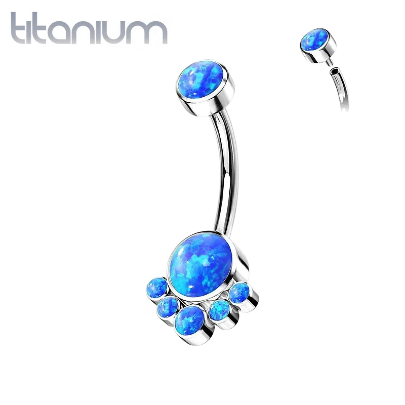 Implant Grade Titanium Internally Threaded Blue Opal Bezel Cluster Belly Ring