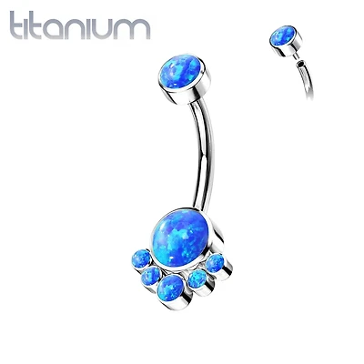Implant Grade Titanium Internally Threaded Blue Opal Bezel Cluster Belly Ring