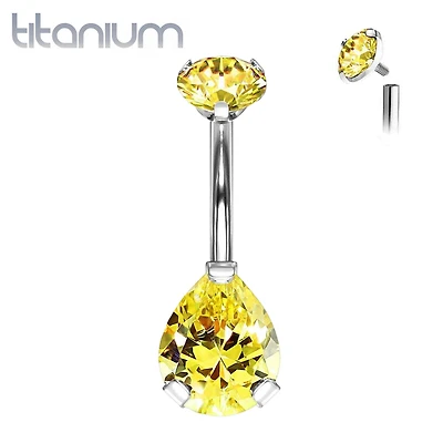 Implant Grade Titanium Internally Threaded Pear Teardrop Topaz CZ Belly Ring