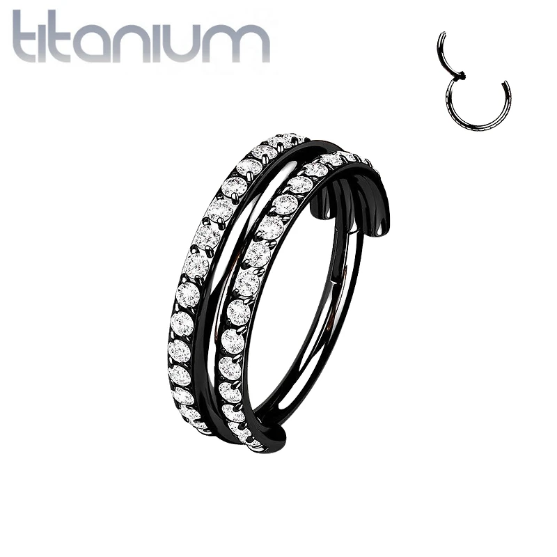 Implant Grade Titanium Black PVD White CZ Double Line Plain Center Hinged Clicker Hoop