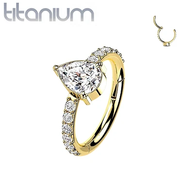 Implant Grade Titanium Gold PVD White CZ With Pear Shaped Center Hinged Clicker Hoop