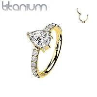 Implant Grade Titanium Gold PVD White CZ With Pear Shaped Center Hinged Clicker Hoop