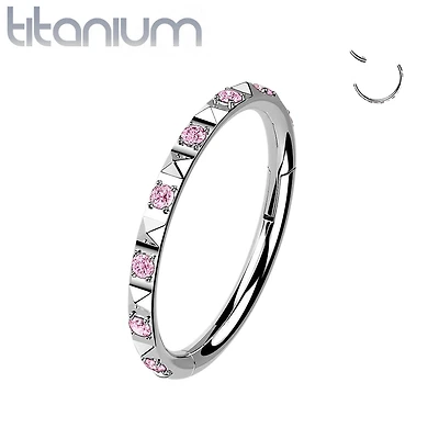 Implant Grade Titanium Ridged With Pink CZ Gems Hinged Hoop Clicker Ring