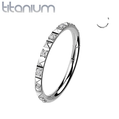 Implant Grade Titanium Ridged With CZ Gems Hinged Hoop Clicker Ring
