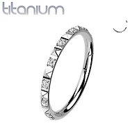Implant Grade Titanium Ridged With CZ Gems Hinged Hoop Clicker Ring