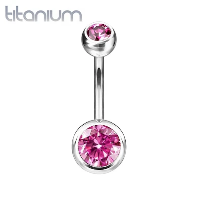 Implant Grade Titanium Double Ball Pink CZ Gem Belly Ring