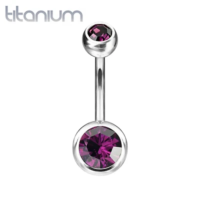 Implant Grade Titanium Double Ball Purple CZ Gem Belly Ring