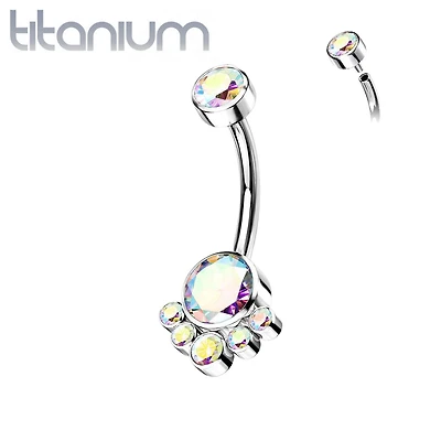 Implant Grade Titanium Internally Threaded Aurora Borealis CZ Bezel Cluster Belly Ring