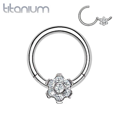 Implant Grade Titanium White CZ Gem Flower Hinged Clicker Hoop