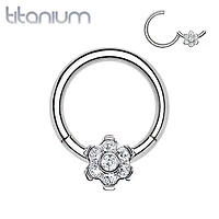 Implant Grade Titanium White CZ Gem Flower Hinged Clicker Hoop