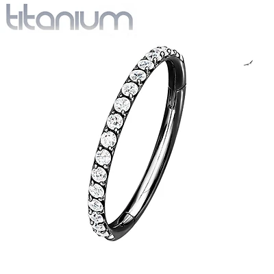 Implant Grade Titanium Black PVD Easy Hinged White CZ Pave Clicker Hoop