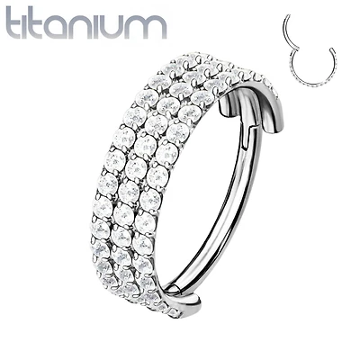 Implant Grade Titanium Triple Row White CZ Pave Hinged Clicker Hoop