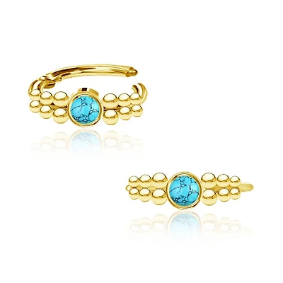 316L Surgical Steel Gold PVD Turquoise Bezel Beaded Hinged Clicker Hoop