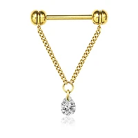316L Surgical Steel Gold PVD Chain With White CZ Teardrop Dangle Straight Barbell Nipple Ring