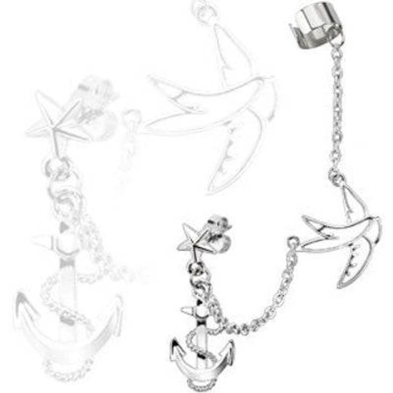 Anchor and Dove Bird Link Cartilage Chain Dangle Cuff Helix Earring