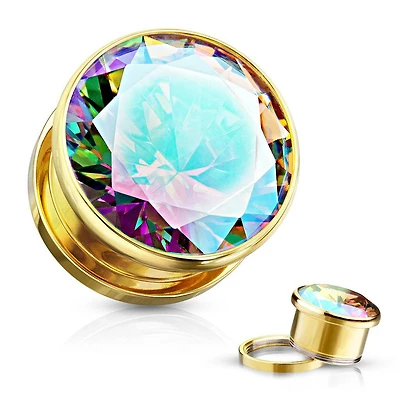 Aurora Borealis CZ Screw On Gold Plated Surgical Steel Ear Plugs