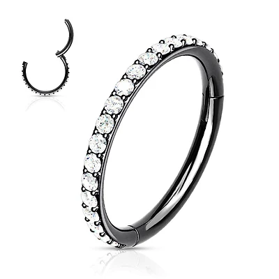Black Surgical Steel Easy Hinged CZ Pave Clicker Hoop