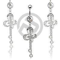 Butterfly Flower Clear CZ Belly Ring Dangle with 2 Drop Chains