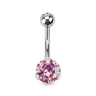 Classic Pink CZ 8mm Gem Surgical Steel Belly Button Navel Ring