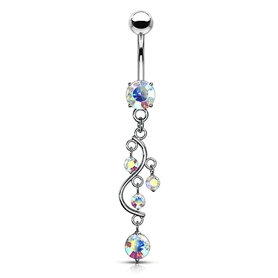 Classic Traditional Vine Prong Aurora Borealis Dangling Surgical Steel Belly Button Navel Ring