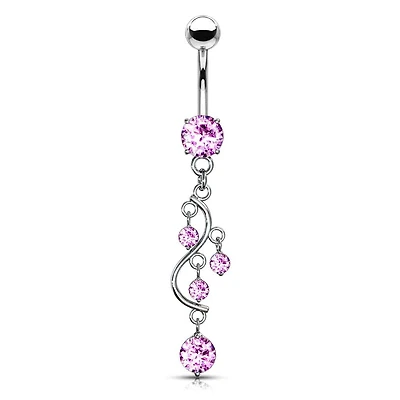 Classic Traditional Vine Prong Pink Dangling Surgical Steel Belly Button Navel Ring