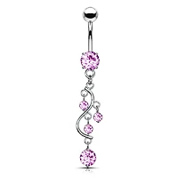 Classic Traditional Vine Prong Pink Dangling Surgical Steel Belly Button Navel Ring