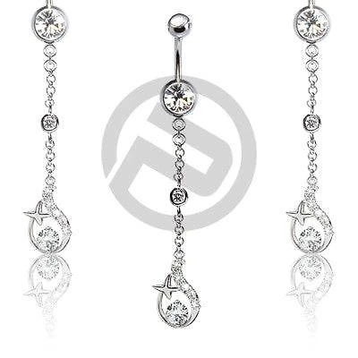 Clear Gem Dangle Chain Belly Button Navel Ring with Design