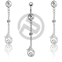 Clear Gem Dangle Chain Belly Button Navel Ring with Design