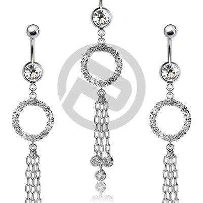 Clear Gemmed Circle with 3 studded Dangle Chains Belly Button Navel Ring