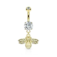 Cute Small CZ Dangle Bumble Bee Gold PVD Surgical Steel Belly Ring