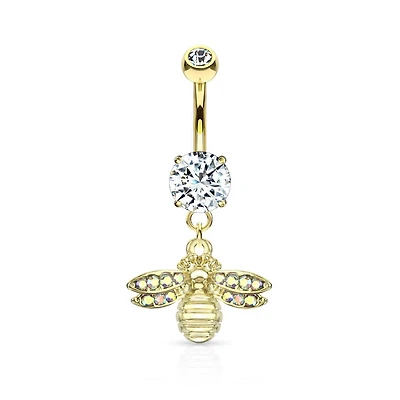 Cute Small CZ Dangle Bumble Bee Gold PVD Surgical Steel Belly Ring