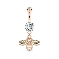 Cute Small CZ Dangle Bumble Bee Rose Gold PVD Surgical Steel Belly Ring