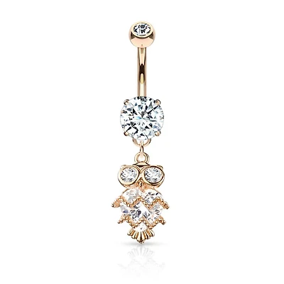 Cute Small CZ Dangle Owl Rose Gold PVD Surgical Steel Belly Ring