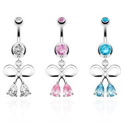 Cute Surgical Steel Belly Button Navel Ring with Dangling Ribbon Teardrop CZs