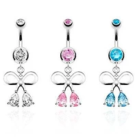 Cute Surgical Steel Belly Button Navel Ring with Dangling Ribbon Teardrop CZs