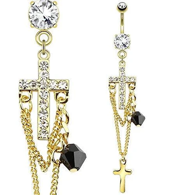 CZ Cross and Chain Bead Gold PVD Dangling Belly Button Navel Ring