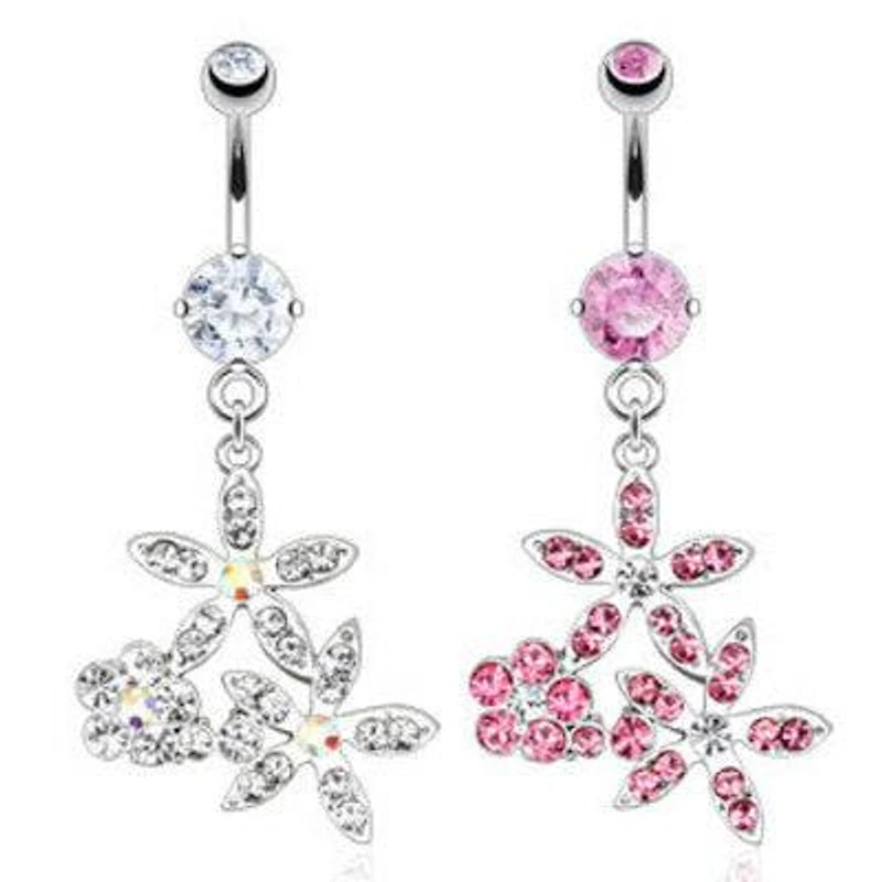 CZ Floral Gem Flower Belly Button Navel Ring Dangle