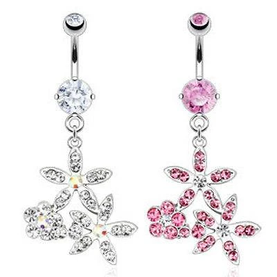 CZ Floral Gem Flower Belly Button Navel Ring Dangle