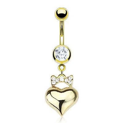 CZ Ribbon Bow Gold Plated Heart Dangle Surgical Steel Belly Button Navel Ring