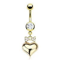 CZ Ribbon Bow Gold Plated Heart Dangle Surgical Steel Belly Button Navel Ring