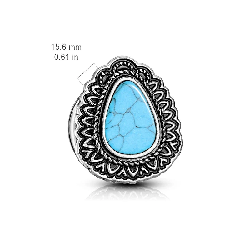 Double Flared Blue Turquoise Tear Drop Antique Silver Ear Plugs