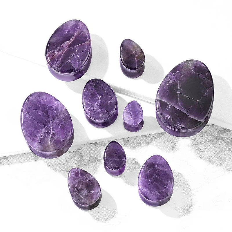 Double Flared Saddle Tear Drop Amethyst Stone Plugs