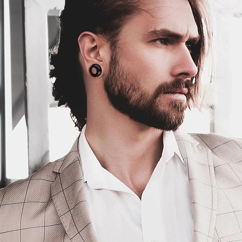 Double Flared Semi Precious Black Agate Stone Ear Tunnels