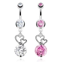 Double Heart with Prong CZ Gem Stone Dangling Belly Button Navel Ring