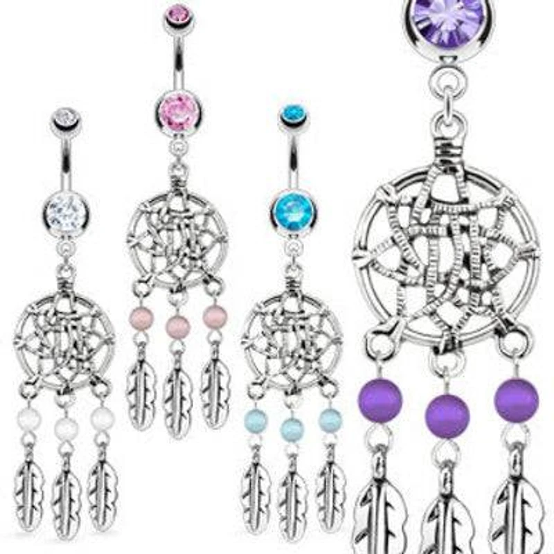 Dream Catcher Net with Feathers & Beads Surgical Steel Belly Button Navel Ring