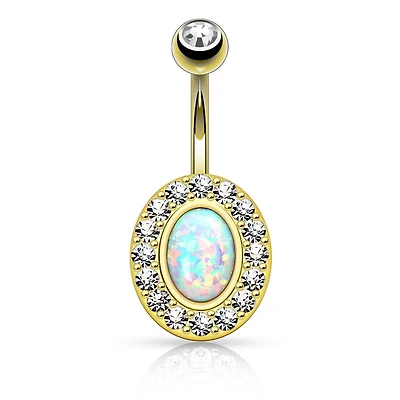 Elegant Oval Blue Opal Non Dangling Gold Plated Surgical Steel Belly Ring