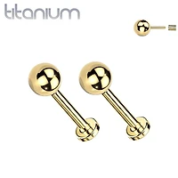Pair of Implant Grade Titanium Gold PVD Ball Top Threadless Push In Earrings With Flat Back